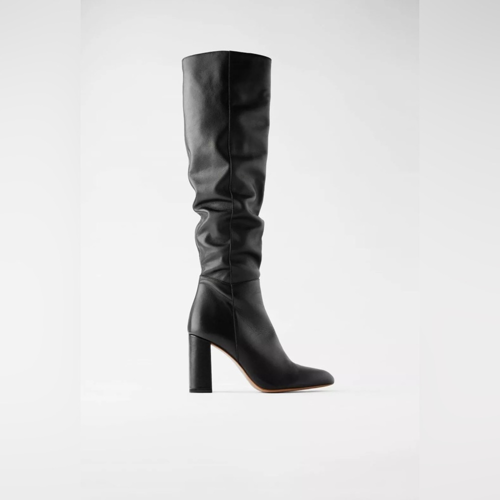 Zara Women's Over-The-Knee Black Pull On High Heel Leather Boots, Size 37 - NWT